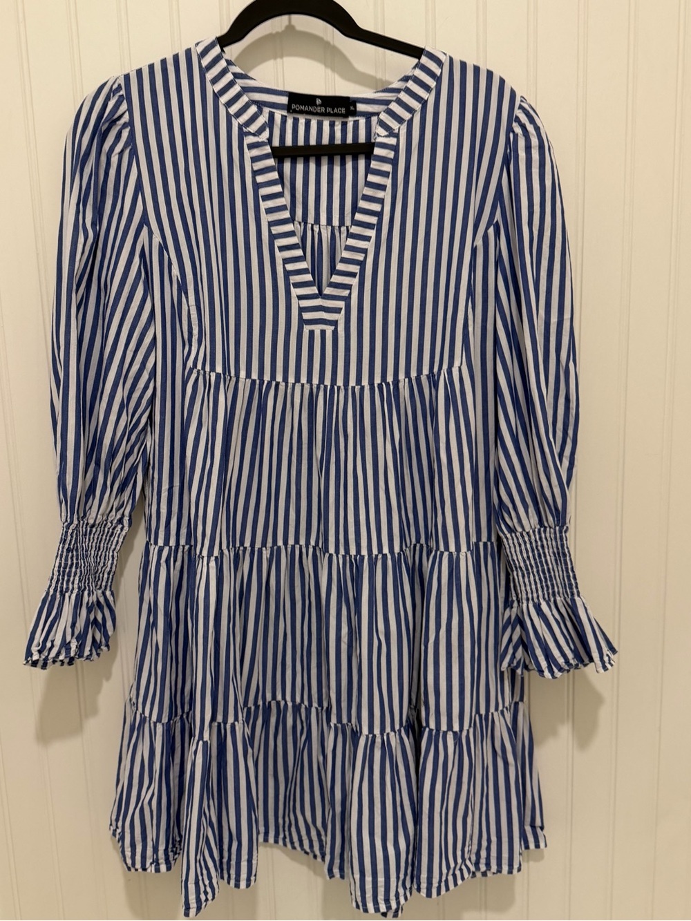 Pomander Place Blue and White Striped Long Sleeve Tiered Dress